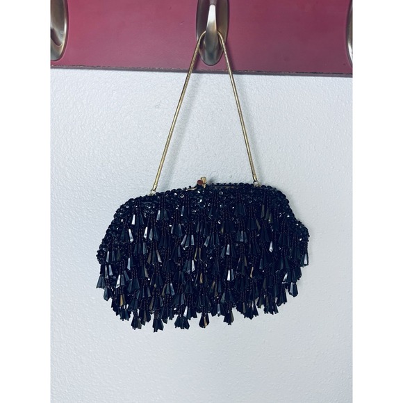 Vtg Black Beaded Sequin Evening Bag Purse Hong Kong Kiss Lock On Trend Classic - Picture 2 of 16
